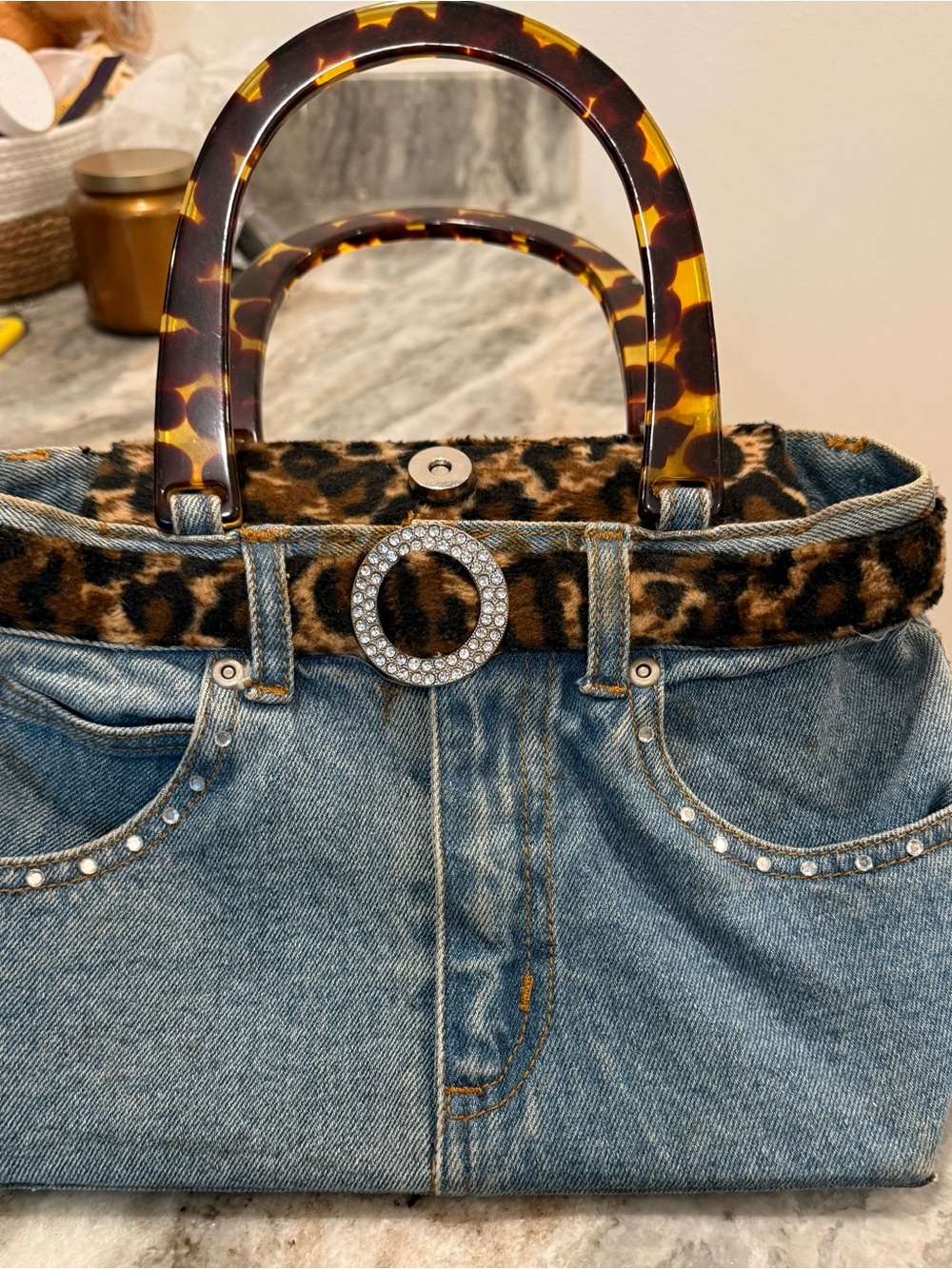 Vintage Early 2000s Denim Animal Print Top Handle Bag